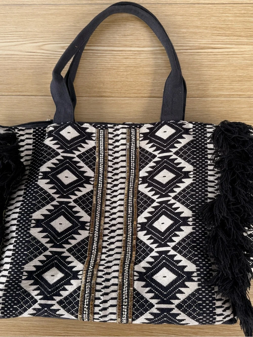 Black & Cream Aztec Fringe Tote Bag